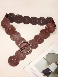 1pc Women's Vintage Round Hollow Geometric Pattern PU Leather Casual Jeans Belt, Suitable For Autumn, Halloween