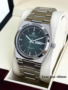 Reloj de pulsera de negocios para hombres Pablo Raez, marca genuina, encantador, accesorio de joyería de lujo de marca nueva AAA, correa de acero inoxidable, caja de plata retro, esfera degradada verde, resistente al agua 50M, calendario simple y exhibición del día, reloj de cuarzo de moda casual de metal para hombres, excelente para regalo de graduación o boda