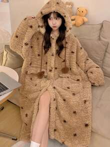1set Women's Super Warm Teddy Fleece Hooded Bathrobe - Oversized Polka Dot Loungewear With Pom Pom Drawstring & Roomy Pockets, Ultra-Soft Plush Robe For Home Lounging, Book Reading Nooks, Cozy Movie Nights & Cold Winter Days Errands - Multicolor - View 2