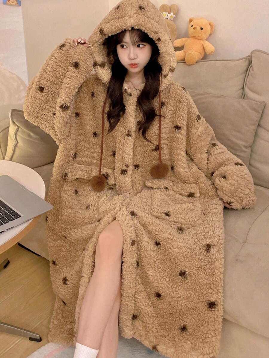 1set Women's Super Warm Teddy Fleece Hooded Bathrobe - Oversized Polka Dot Loungewear With Pom Pom Drawstring & Roomy Pockets, Ultra-Soft Plush Robe For Home Lounging, Book Reading Nooks, Cozy Movie Nights & Cold Winter Days Errands