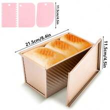 1磅容量不粘面包烤盘，带盖和锯齿刮刀，碳钢波浪形面包吐司模具，黑色和金色