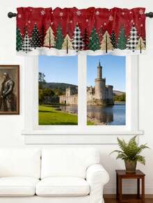 1 pieza Cenefa de ventana con estampado de árbol de Navidad y copos de nieve - Bolsillo para barra, de poliéster con filtro de luz para la cocina