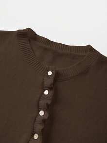 Nuevo suéter de punto de manga larga con cuello en V de unicolor minimalista para primavera/verano, elegante y a la moda cárdigan con volantes para el transporte, versátil cárdigan ajustado casual para uso diario