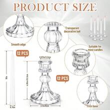 24 Pcs Glass Taper Candle Holder Sets 12 Candlestick Holder With 12 White Long Candles For Wedding Party Decor Dinner Decoration Clear - 無色 - 查看 4