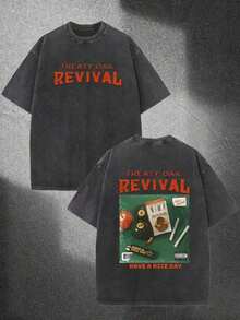 [100% Cotton] 1 230g Heavyweight T-Shirt-Double-Sided Vintage Street-Style Print With Treaty Oak Revival Graphic, Regular Round Neck, Machine Washable - 黑色 - 查看 1