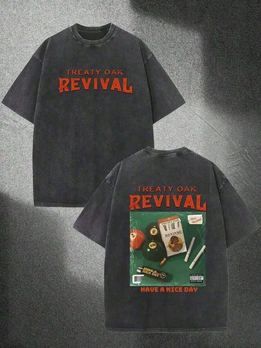 [100% Cotton] 1 230g Heavyweight T-Shirt-Double-Sided Vintage Street-Style Print With Treaty Oak Revival Graphic, Regular Round Neck, Machine Washable - 黑色 - 查看 1