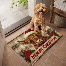 1 Stück Weihnachts-Hochlandrind mit roter Weihnachtsmütze & Stechpalmenbeeren-Muster, Faux-Woll-Fleece TPR-Boden-Fußmatte, Badezimmermatte, Küchenmatte, Waschküchenmatte, Feiertags-Dekoration, Heimdekoration, Party-Dekoration, Hochzeitsdekoration, Esszimmer-Dekoration