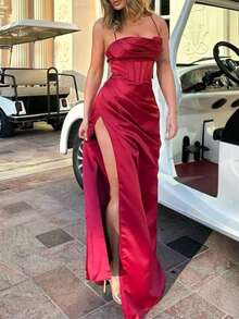 Vestido de fiesta elegante de satén de unicolor para mujer con tirantes de espagueti, fruncido en la cintura, espalda con lazo, abertura alta hasta el muslo, adecuado para bodas, damas de honor, cócteles, eventos formales, vestidos de noche, invitados de boda