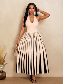 AIJ Váy dài họa tiết sọc màu mơ đen cổ chữ V thanh lịch dành cho nữ, thích hợp để đi làm và mua sắm hàng ngày - Hoa đen gốc mai - Xem 6