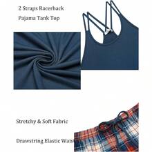 Women's Cami Pajama Set Sleeveless Racerback Tank Top Soft Sleepwear For 2025 - 藍色和紅色格子 - 查看 5