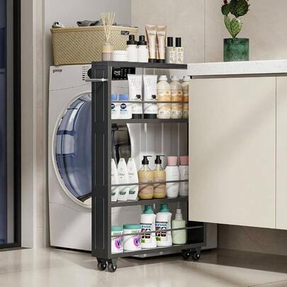 Rolling Storage Cart 4 - Tier Black Kitchen Cart With Wheels, Slim Storage Cart With Handle Slide Out Utility Cart Shelving Unit Organizer Trolley Laundry Narrow Places Bathroom Small Corner