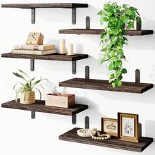 Superlele 4/6pcs Floating Shelves, Farmhouse Wood Wall Mounted Shelves For Bedroom & Bathroom Storage, Book Shelf