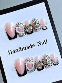 Y2K 24Pcs Set French Style Black & White Tie Dye Polka Dot Press-On Nails, Reusable, With Bowknot, Star Rhinestones, Cute & Chic, Suitable For Dates, Spring, New Year, Christmas, Daily, Birthday, Festival, Spring/Summer New Arrival Nail Supplies Nails - 黑白3 - 查看 3