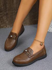 女士时尚金属扣套脚鞋，新款棕色休闲鞋，适合春秋季穿着 - 棕色 - 查看 4