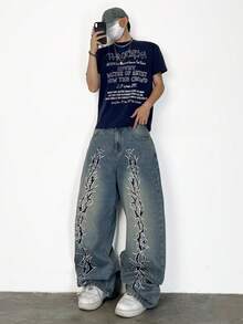 1 pezzo Jeans uomo a gamba larga stile retrò con ricamo di un marchio americano, pantaloni casual con vestibilità ampia e lunga (cintura e accessori non inclusi)