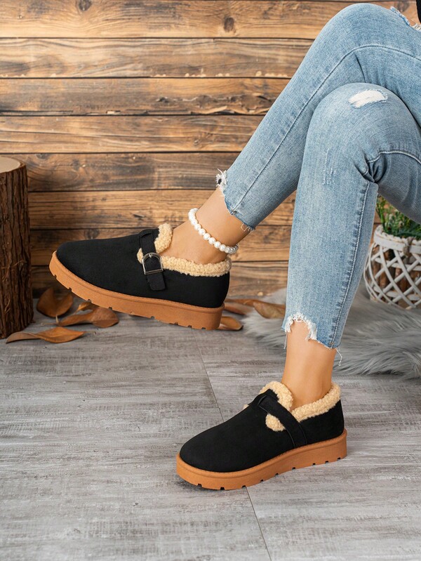 Damen Neue Plüsch gefütterte warme Slip-On "-Stil" Schneestiefel, modische & bequeme Kunstvelours/Schnalle/Fell/Dicker Sohle Hausschuhe für Innen/Außen im Winter