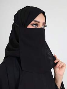 1pc Women's Solid Color Chiffon Soft Middle Eastern Face Veil, Arabic Conservative Elastic Band Solid Color Hijab, Suitable For Daily Use For Dress - Black - View 3