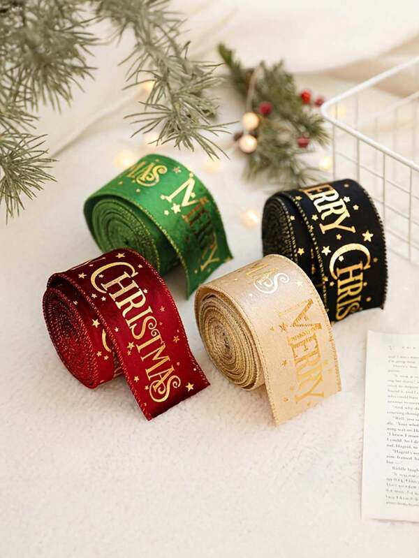 1 Roll 2m/78.74inch Christmas Ribbon - Extra Thick Holiday Decorations With Elegant Golden Stars & "Merry Christmas" Lettering - Soft Suede Texture, Glossy Finish In Green, Golden, Red, Black, Brown - For Tree Decor, Wreaths, Garlands, DIY Crafts, Scrapbooking - Easy To Cut - Perfect For Christmas Party Decorations,