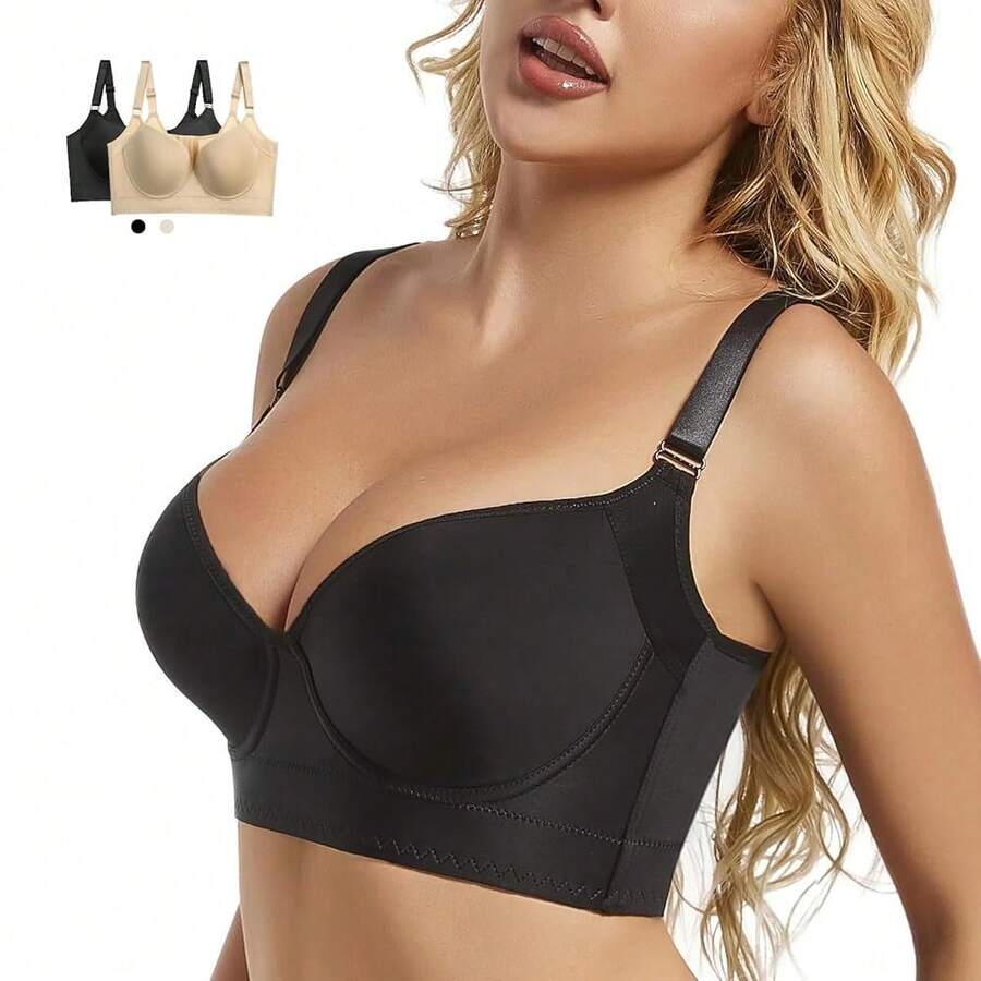 Push Up Bra For Women - Uplift Sculpting T-Shirt Bra With Full Back Coverage And Back Fat Smoothing{"Size_name":"40D","Color_name":"Black"} - 弗拉克 - 查看 1