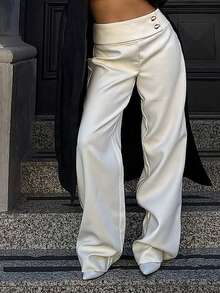 Pantalon large décontracté pour femmes, coupe ample jusqu'à la cheville avec décoration de boucle métallique, beige, automne/hiver