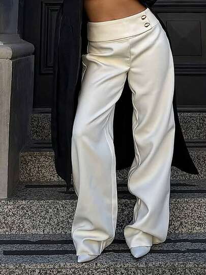 Damen Lässig Mode Weite Beine Loose Fit Knöchellange Hose mit Metall Schnallen Dekor, Beige, Herbst/Winter