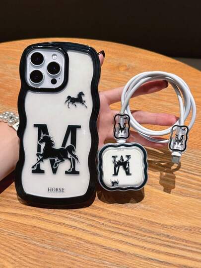 4pcs Set (1 Phone Case + 1 UK Plug Charger Protector + 2 Cable Clips) UV Painted Black Horse & Letter M Pattern Compatible With Iphone 17/17 Pro/17 Pro Max/Air/16/16 Pro/16 Pro Max/16 Plus/11/11 Pro Max/12/12 Pro/12 Pro Max/13/13 Pro/13 Pro Max/14/14 Pro/14 Plus/14 Pro Max/15/15 Pro/15 Plus/15 Pro Max
