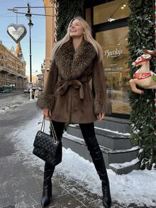 2025冬季新款人造毛领仿皮草外套，复古宽松长袖女式人造皮草夹克 - 咖啡棕 - 查看 5