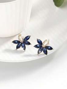 1 Pair Bohemian Niche Design Luxury Rhinestone Embellished Metal Hoop Earrings, Versatile & - Navy Blue - View 5