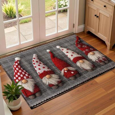 1 pièce Paillasson avec motif imprimé de 6 elfes du Père Noël, en fausse laine avec fond en TPR. Tapis de salle de bain, de cuisine, de buanderie, décoration de Noël, décoration d'intérieur, décoration de fête, de mariage, de salle à manger