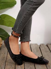 Giày ba lê đế vuông đính đá lấp lánh, mũi vuông, cổ thấp thoải mái, phù hợp cho mùa xuân và mùa thu, cỡ lớn - màu đen - Xem 7