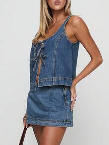 Women's 2 Piece Outfits Denim Set Y2K Sleeveless Tie-Up Top  Low Rise Mini Skirt Set, Summer Streetwear Clubwear Two Piece Going Out Fit - 藍色 - 查看 2
