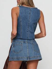 Women's 2 Piece Outfits Denim Set Y2K Sleeveless Tie-Up Top  Low Rise Mini Skirt Set, Summer Streetwear Clubwear Two Piece Going Out Fit - 藍色 - 查看 6