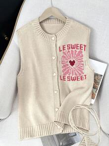Plus Size Women's Fall And Winter Fashion Casual Bohemian Vacation Simple Commuter Contrasting Colors English Letters Love Printed Round Neck Pearl Buttons Sleeveless Cardigan Brunch Outfits For Women