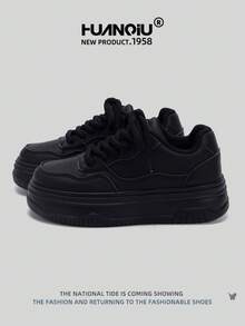 HUANQIU Women Thick Sole Versatile White Sneakers, Comfortable & Stylish, Suitable For All Seasons, Sports, Students, Casual Wear - Black - View 1
