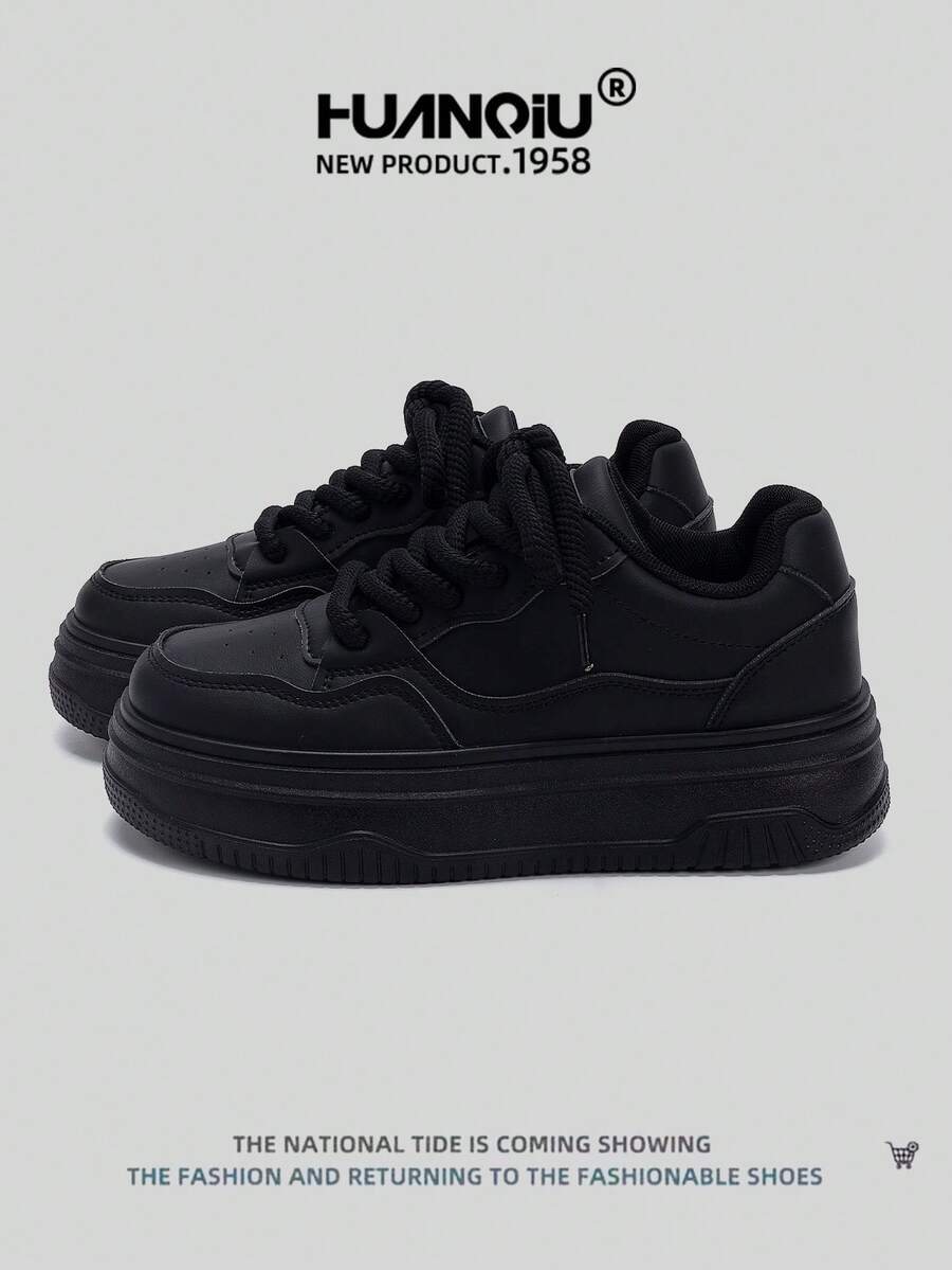 HUANQIU Women Thick Sole Versatile White Sneakers, Comfortable & Stylish, Suitable For All Seasons, Sports, Students, Casual Wear - Black - View 1