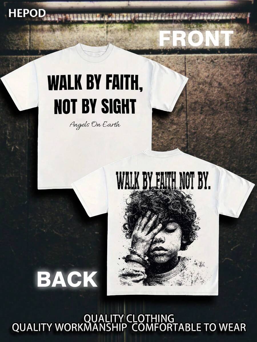 Men's Graphic Tees, Cotton Streetwear T-Shirt, Round Neck, Loose Fit, Fall & Holiday Travel, Unisex, Goth & Y2K Style, Print WALK BY FAITH NOT BY SIGHT - trắng - Xem 1