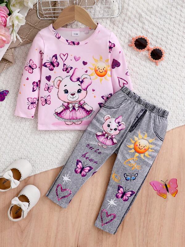 2pcs Girls Casual Set, Purple Long Sleeve Top + Grey Pants, Cute Bear & Butterfly Print, Sun Heart Elements, Elastic Waist, Versatile Daily Wear