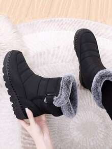 36-45 Yards Outdoor Thickened Thermal Lined Snow Boots For Women, Mid-Calf Length For Winter, Round Toe & Flat Heel Plus Size Waterproof & Slip-Resistant High-Tops Women's Boots, Winter Boots For Middle-Aged Women & Moms, Black - 黑色 - 查看 5