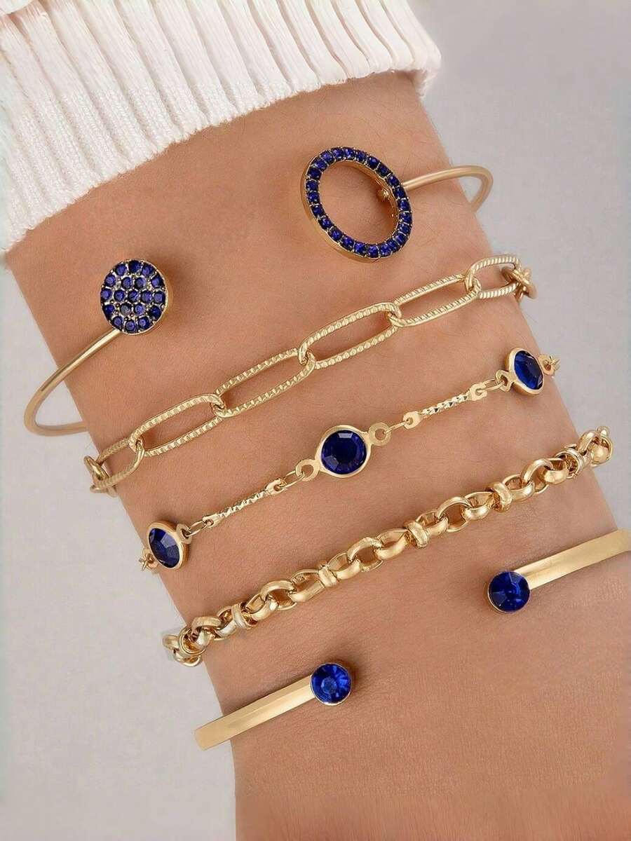 5pcs/Set Minimalist Geometric Navy Blue Circle Rhinestone Inlaid Open Bangle Bracelet Set, Versatile For Christmas Party And Daily Dates - Yellow Gold - View 1