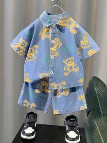 H HIBOBI 2pcs/Set Baby Boys' Summer Bear Print Short Sleeve Shirt And Shorts Set