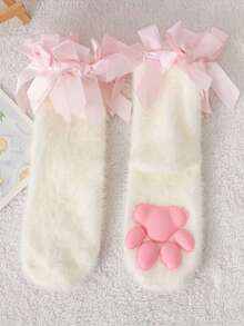 1/2 Par Meias de Coral Fleece com Laço em Formato de Pata de Gato 3D para Mulheres, Chinelos Confortáveis, Adequados para Uso Doméstico no Outono/Inverno, Meias para Dormir