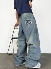 1 pezzo Jeans uomo a gamba larga stile retrò con ricamo di un marchio americano, pantaloni casual con vestibilità ampia e lunga (cintura e accessori non inclusi)