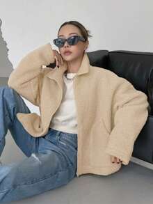 Women's Casual Fleece Jacket With Zipper Front And Pockets, Warm Outerwear For Autumn/Winter - Khaki - View 2