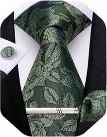 Silk Floral Necktie Set With Tie Clip, Handkerchief & Cufflinks - Olive Green - View 1