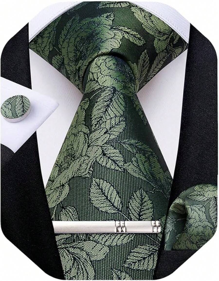 Silk Floral Necktie Set With Tie Clip, Handkerchief & Cufflinks - Olive Green - View 1