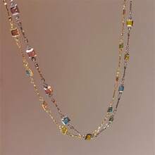 Hypoallergenic Personalized Colorful Shiny Multi - Colored Square Rhinestone Necklace, Daily Matching Party Jewelry For Autumn & Winter, Valentine's Day Gift For Girlfriend, Claim My Daily Gift, Local Warehouse, - 金色+銀色 - 查看 7