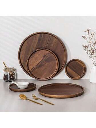 1 件复古风格圆形实木装饰托盘 - 多功能原木餐盘，适用于浴室、家居装饰、酒店