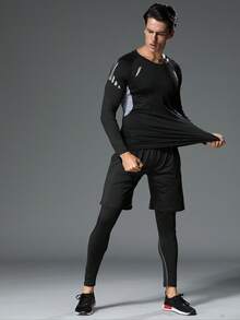 Men's Black Compression Activewear 3-Piece Set Long Sleeve Leggings Shorts Quick Dry Breathable Running Gym Cycling Workout Gear - Grey - View 6