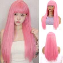 Wine Red 24 Inch / 61cm Long Straight Synthetic Wigs With Bangs For Women Girls Daily Party Cosplay Use Music Festival Wigs For Christmas Day - Multicolor - View 12