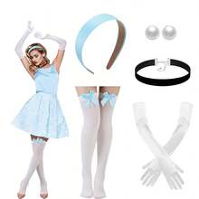 8pcs Princess Costume Accessories Set, Including Blue Headband, Black Velvet Necklace, Pearl Earrings, White Gloves, Satin Blue Bow Over-The-Knee Socks, Suitable For Halloween, Cosplay, Birthday Princess Outfit And Daily Wear,Valentine's Day Costume